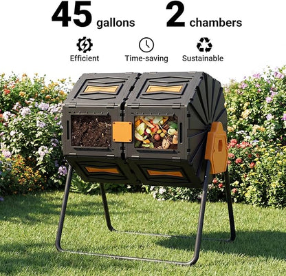Dual Chamber Compost Tumbler, 45 Gallon Large Capacity 360° Rotating Composting Bin, BPA-Free Heavy Duty Composter with Easy Assembly, 38" Height Compost Bin Outdoor for Food Scraps Garden Yard Waste
