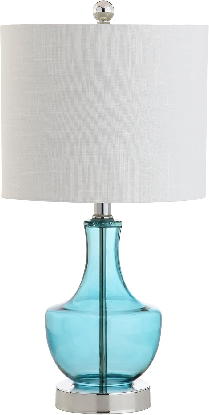 JONATHAN Y 20" Amalfi Blue Glass Mini Table Lamp, Modern Bedside Lamp for Bedroom, White Linen Drum Shade, Teardrop Glass Base, LED Bulb Included, UL Listed (JYL1029C)