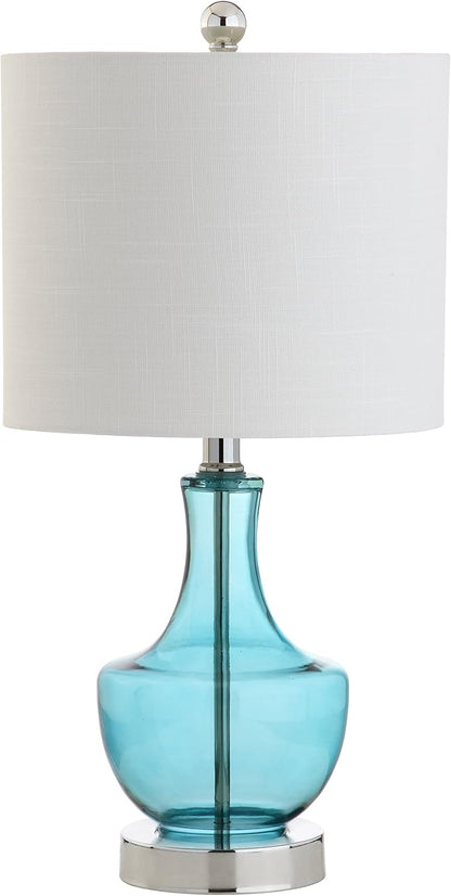 JONATHAN Y 20" Amalfi Blue Glass Mini Table Lamp, Modern Bedside Lamp for Bedroom, White Linen Drum Shade, Teardrop Glass Base, LED Bulb Included, UL Listed (JYL1029C)