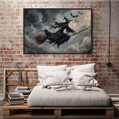 JFHCQJPK Witch and bat flying Halloween poster suitable for home party wall decoration retro Halloween preppy style wall art canvas print suitable for room decoration16x24in Metal blackFramed