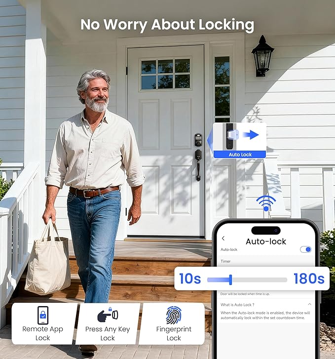 Veise VE012W-H WiFi Smart Front Door Lock Set, Built-in WiFi, App Remote & Voice Control, Fingerprint Keyless Entry Smart deadbolt with Handle, Backlit Keypad, Auto Lock, IP55 Waterproof, Matte Black