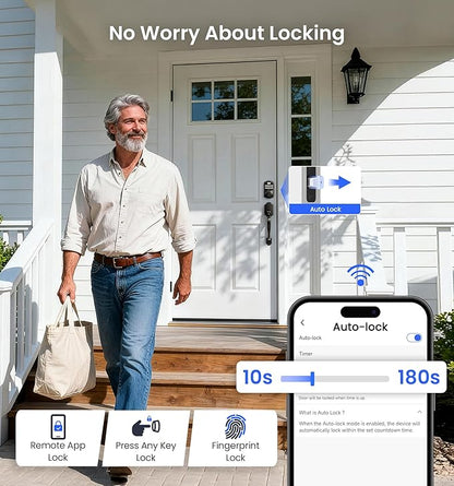 Veise VE012W-H WiFi Smart Front Door Lock Set, Built-in WiFi, App Remote & Voice Control, Fingerprint Keyless Entry Smart deadbolt with Handle, Backlit Keypad, Auto Lock, IP55 Waterproof, Matte Black