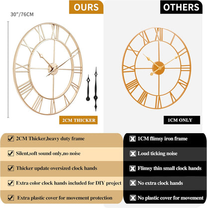CLXEAST 30 Inch Wall Clock,Large Champagne Gold Metal Roman Numeral Wall Clock, Modern Wall Clocks for Living Room Decor,House Warming Gifts New Home