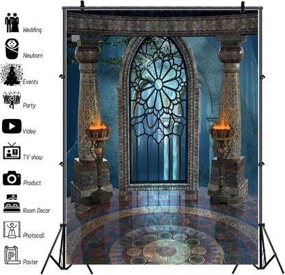 Renaiss 7x10ft Medieval Castle Backdrop for Photoshoot Portrait Pillar Torch Gothic Stone Tower Ancient Old Fortress Interior Photography Background Halloween Party Decor Wallpaper Photo Studio Props