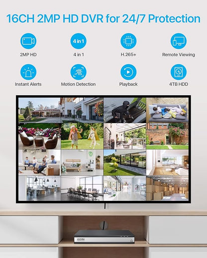 ZOSI H.265+ 1080p 16 Channel Home Security Camera System, 16CH DVR with AI Human Vehicle Detect, 12 x 1080p Surveillance Camera Outdoor, 120ft Night Vision, 105°Wide Angle, Remote Access, 4TB HDD