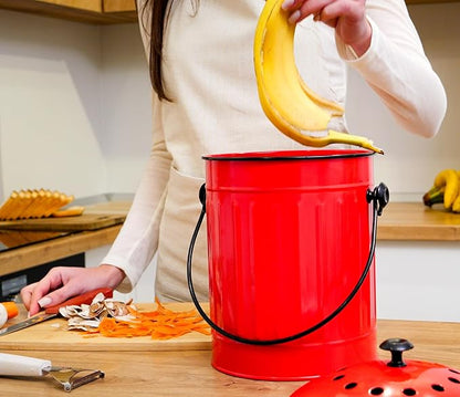 Plexon Countertop Compost Bin Kitchen with Lid, Red 1.5 Gallon Odorless Compost Container, Steel Food Compost Bucket for Kitchen with Charcoal Filter, Pail for Countertop