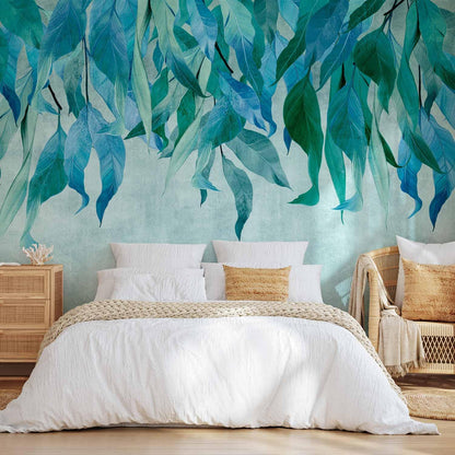artgeist Premium Wall Mural Hanging Leaves 197x138 in - Non-Woven Wallpaper Fleece Wall Decor Photo Print Picture Image Design Nature Botanical Concrete Green Blue b-C-10146-a-b