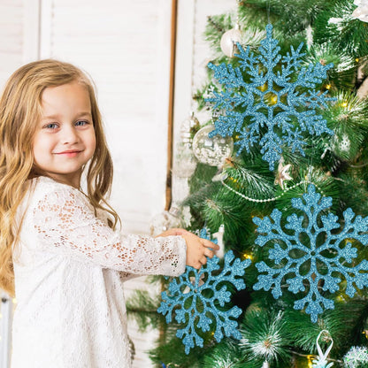 6pcs Large Snowflakes Ornaments Blue 12” Big Plastic Glitter Snowflake for Winter Indoor Outdoor Christmas Tree Window Room Decorations Giant Craft Snowflakes
