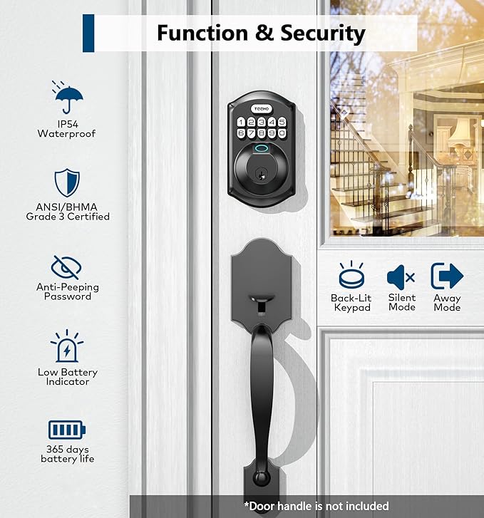TEEHO TE002 Fingerprint Door Lock - Keyless Entry Electronic Keypad Deadbolt with 2 Backup Keys - Auto Lock - Easy Installation - Smart Locks for Front Door - Matte Black
