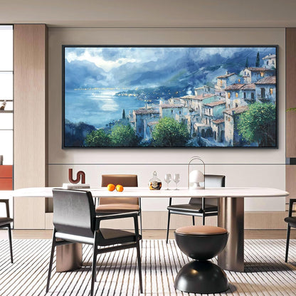 JEAWA Large Framed Canvas Painting - Landscape Wall Decor Ready to Hang, Gray Blue Town Picture, Lights of Thousands homes Art Prints for Bedroom Living Room Home Decoration, 29x58 IN