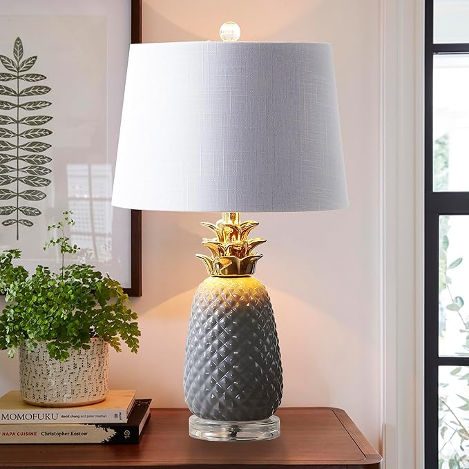 JONATHAN Y 23" Gray/Gold Pineapple Ceramic Table Lamp for Bedroom Decor, Modern Whimsical Bedside Nightstand Lamp with White Linen Drum Shade and LED Bulb (JYL4019B)