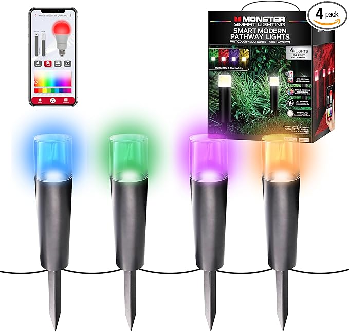 Monster Smart RGB+IC+WW Pathway LED Lights, 4 Individually Controlled Dimmable LEDs, Sound Reactive, IP44 Water & Weather Resistant, Compatible with Alexa, Siri, Google Home, Monster App, Razer Chroma