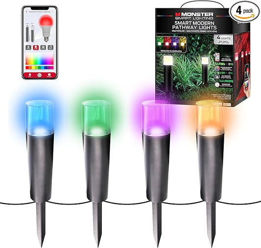 Monster Smart RGB+IC+WW Pathway LED Lights, 4 Individually Controlled Dimmable LEDs, Sound Reactive, IP44 Water & Weather Resistant, Compatible with Alexa, Siri, Google Home, Monster App, Razer Chroma