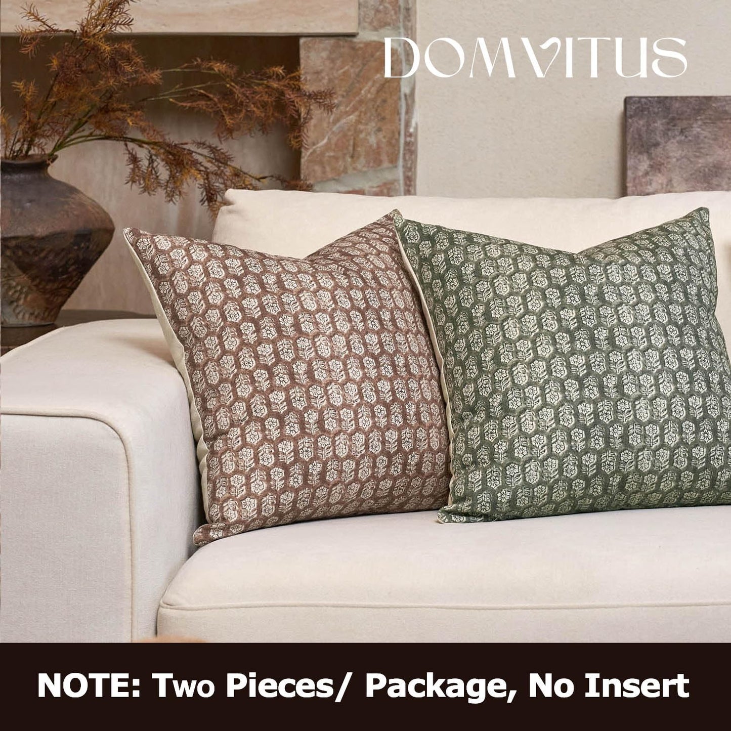 DOMVITUS Floral Pillow Covers Set of 2, Throw Pillow Covers 20x20, Floral Print Neutral Accent Decorative Pillow Covers for Living Room, Bed, Mineral Green
