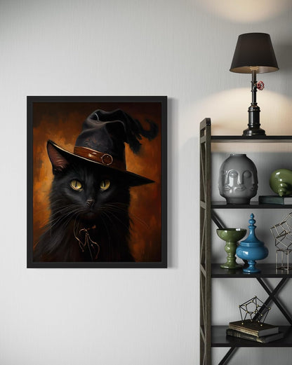 Witch Cat Poster Art Print, Halloween Scary Vintage Wall Art Academia Spooky Painting Decoration for Horror Prints, Gothic Posters Bedroom Decor 89 (Witch Cat, 11 x 14 inches, Black Frame)