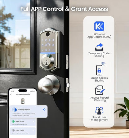 Veise VE017-K Fingerprint Smart Lock with 2 Knobs, App Control, Keyless Entry Front Door Lock Set, Electronic Touchscreen Keypad Deadbolt, Emergency Power Port, Easy Install, Auto-Lock, Satin Nickel