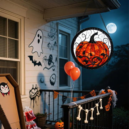 Stained Glass Window Hanging - Halloween Red White Scary Pumpkin Suncatcher for Doors Garden Home Spooky Rattan Sun Catchers Gothic Decor Horror Gifts for Women Men Friend Boy Girl 7.8 in