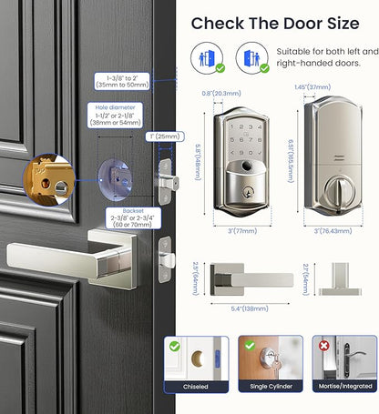 Veise VE027-L Built-in WiFi Smart Lock with Handle, Fingerprint keyless Entry Door Lock Set, App Remote & Voice Control, Electronic Deadbolt for Front Door, Touchscreen Keypad, Auto Lock, Satin Nickel