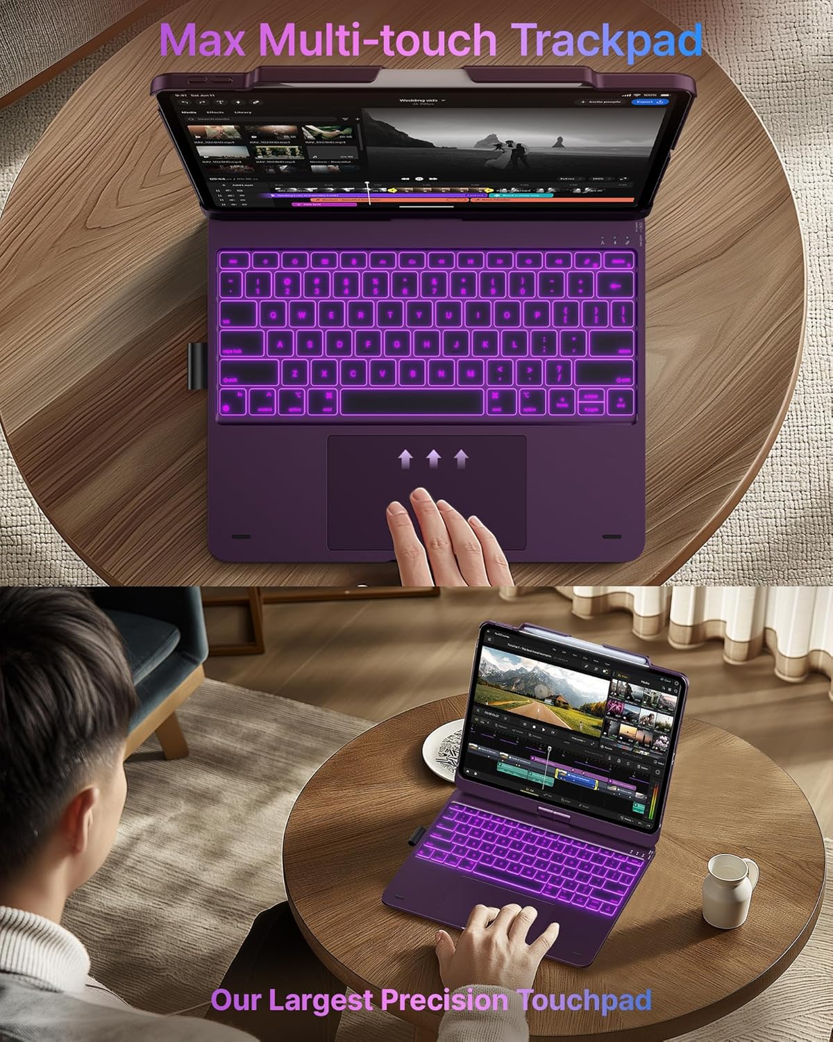 typecase Touch Case with Keyboard for iPad Pro 13-inch(M4, 2024), iPad Air 13-inch(M3, 2025/M2, 2024) & iPad Pro 12.9(6th/5th/4th/3rd Gen), Trackpad, 360° Rotatable, 11-Colors Backlit, Soft Purple