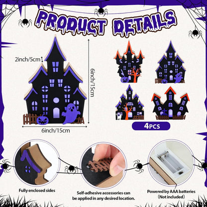 Bucherry 4 Pack Halloween Table Haunted House Decor Lighted Wooden Village Ghost House 3D Tabletop Decorations for Halloween Indoor Home Kitchen Desk Gift(New Style)
