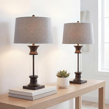 JONATHAN Y 32" Bronze and Clear Glass Table Lamp Set of 2 for Living Room, Rustic Farmhouse Bedside Nightstand Lamps with Gray Linen Drum Shade, LED Bulbs Included JYL4000A-SET2