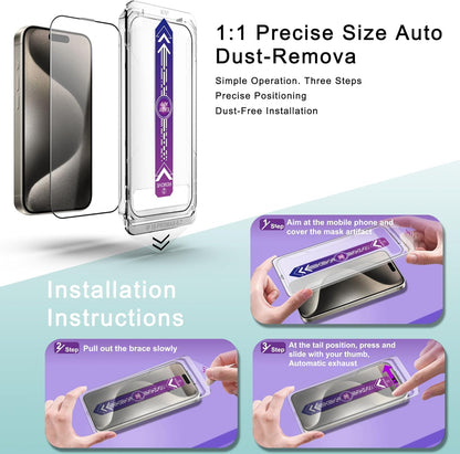 2 Pack Screen Protector Tempered Glass for iPhone 15 Pro Max 6.7-Inch Auto Dust Removal, No Bubbles, High Definition Clear, Easy Installation
