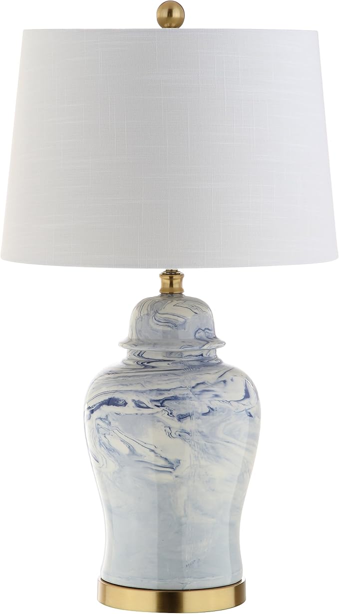 JONATHAN Y 26" Blue and White Marble Ceramic Table Lamp, Traditional Ginger Jar Style with Brass Gold Base, White Linen Drum Shade, LED Bulb Included JYL3010A