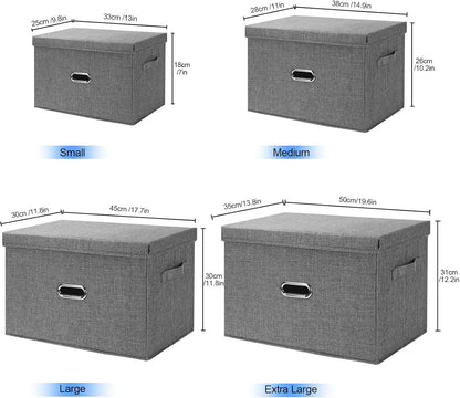 Large Linen Fabric Foldable Storage Bins with Removable Lid and Handles, Washable Storage Box Organizer Containers Baskets Cube with Cover for Bedroom,Office(Cream, Large)
