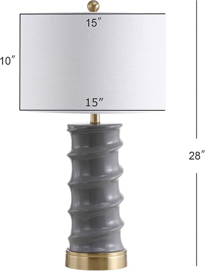 JONATHAN Y 29" Dark Grey/Gold Modern Ceramic Table Lamp for Living Room, White Linen Drum Shade, Bedside Nightstand Lamp for Bedroom, LED Bulb Included, Ridged Design JYL3052A