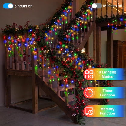504LED 50ft Christmas Lights, 112Drops 12 Modes Multicolor Christmas String Lights Outdoor Dimmable, Waterproof Christmas Decoration Fairy Lights with Timer for Indoor Eaves Party Patio Window Fence