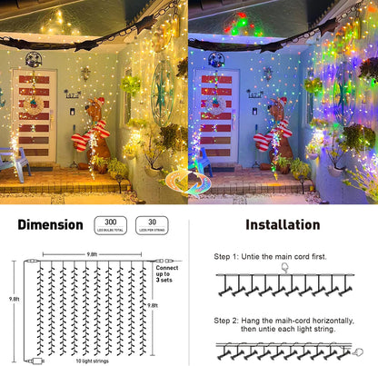 JMEXSUSS 300LED Dual Color Changing Curtain Lights with Remote, 9.8 x 9.8ft Connectable Plug in Christmas String Lights for Bedroom Backdrop Outdoor Decor, Warm White to Multicolor