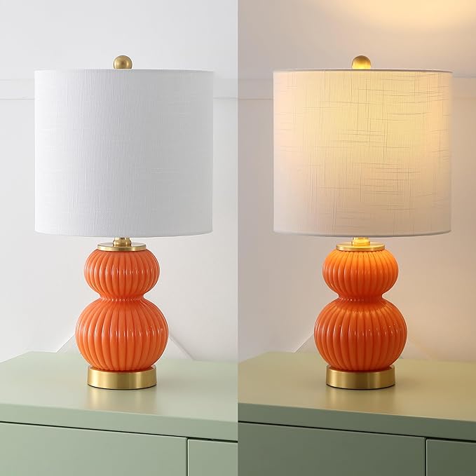 JONATHAN Y 20" Orange/Brass Gold Ribbed Gourd Glass Table Lamp, Modern Bedside Lamp for Bedroom Living Room, White Linen Drum Shade, LED Bulb Included (JYL1099E)