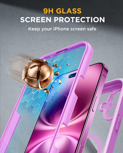 Miracase for iPhone 16 Case 6.1'', [Bubble Free] Full-Body Bumper Phone case with Built-in Full Glass Screen &Camera Control,No Gap,Compatible with MagSafe,Drop Proof 16 Cover,Pink