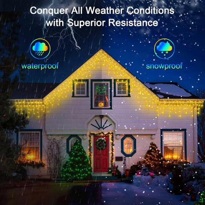 60FT 612 LED Outdoor Christmas Lights - 136 Ice Drops, 12 Pro Modes with Timer Memory & Brightness, Waterproof Hanging Ice String Light for Holiday Wedding Garden Fence House Decor (Warm White)
