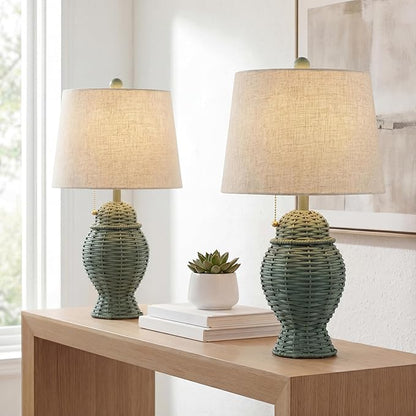 JONATHAN Y 20.5" Green Wicker Table Lamp Set of 2, Bohemian Rustic Farmhouse Bedside Lamps for Living Room, Nightstand Desk Lamps with Beige Linen Shade, LED Bulbs Included (JYL4041C-SET2)