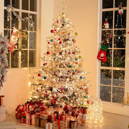 Hykolity 7.5 ft Snow Flocked Christmas Tree, Prelit Artificial Christmas Tree with 450 Warm White Lights, 1173 PE & PVC Branch Tips, Metal Stand and Hinged Branches