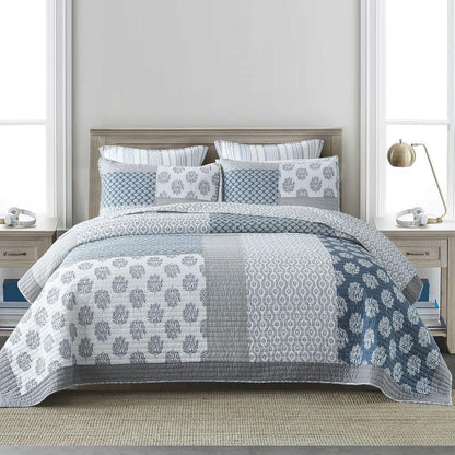 PANGUSHAN Quilt Set Queen Size, 100% Cotton Bedspread Quilt Bedding Set, Patchwork Reversible Floral Quilt for Queen Bed, Blue/Grey/White Bed Spread, Lightweight Comforter for All Season, 3 Pieces