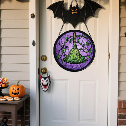 Stained Glass Window Hanging - Halloween Decorations Witch Magic Broom Suncatcher for Doors Garden Indoor Funny Spooky Sun Catchers Gothic Decor Horror Gifts for Women Men Friend 11.8 in