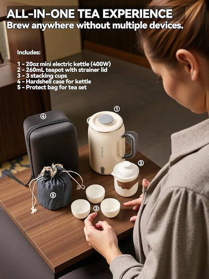 Complete Travel Tea Set with Mini Electric Kettle 0.6L, Hardshell Case for Portable Travel Hot Water Boiler, Teapot with Strainer, Cups and Protect Bag for Home, Office, and Camping White