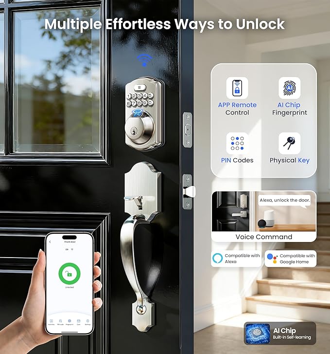 Veise VE012W-H WiFi Smart Front Door Lock Set, Built-in WiFi, App Remote & Voice Control, Fingerprint Keyless Entry Smart deadbolt with Handle, Backlit Keypad, Auto Lock, IP55 Waterproof, Satin Nickel