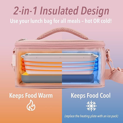 Bentgo Heat - Electric Lunch Bag & Food Warmer for Reheating Meals in Car, at Work & More - Heated Lunch Box Warmer for Adults, Students & Shift Workers, 12V/24V Auto & 120V Wall Cords (Blush)