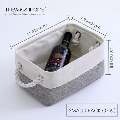 TheWarmHome Small Storage Baskets for Organizing,Storage Baskets for Shelves,Small Fabric Storage Bins W/Handles For Closet Nursery Toy Decorative Foldable (White&Grey, 11.8L*7.9W*5.2H-6 Pack)
