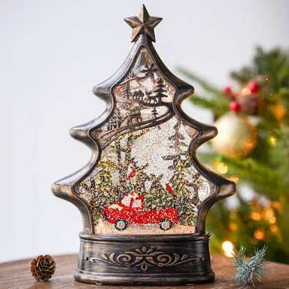 Christmas Snow Globe Lantern Water Glittering Christmas Tree with Red Truck, USB Lined/Battery Operated Lighted Lantern for Christmas Festival Decoration Gifts