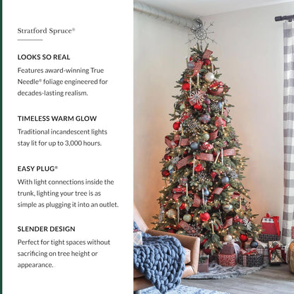 Balsam Hill 9ft Pre-Lit Stratford Spruce - Slim Artificial Christmas Tree with 1,000 Clear Incandescent Lights, True Needle Foliage, Easy Plug Technology & Premium Stand for Small Spaces