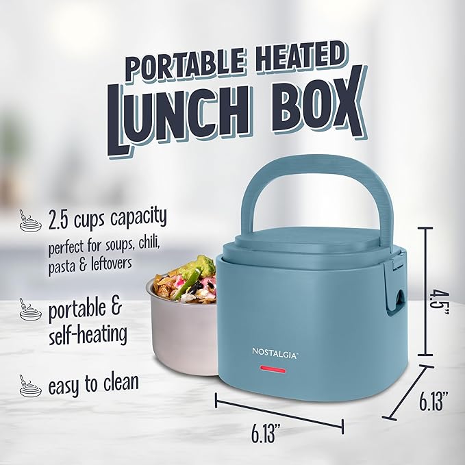 Nostalgia Portable Heated Lunch Box – 2.5-Cup Stainless Steel Food Warmer – Detachable Cord, Leak-Proof Lid, Carry Handle – Portable for Work & Travel – Ocean Blue