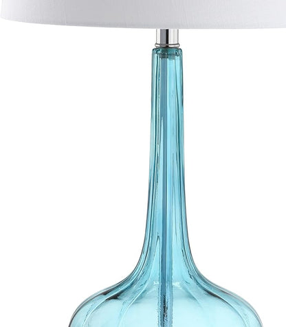 JONATHAN Y 28.5" Aqua Glass Teardrop LED Table Lamp Set of 2 for Living Room Bedroom Nightstand, White Linen Shade Modern Transitional Bedside Desk Lamp (JYL1079B-SET2)
