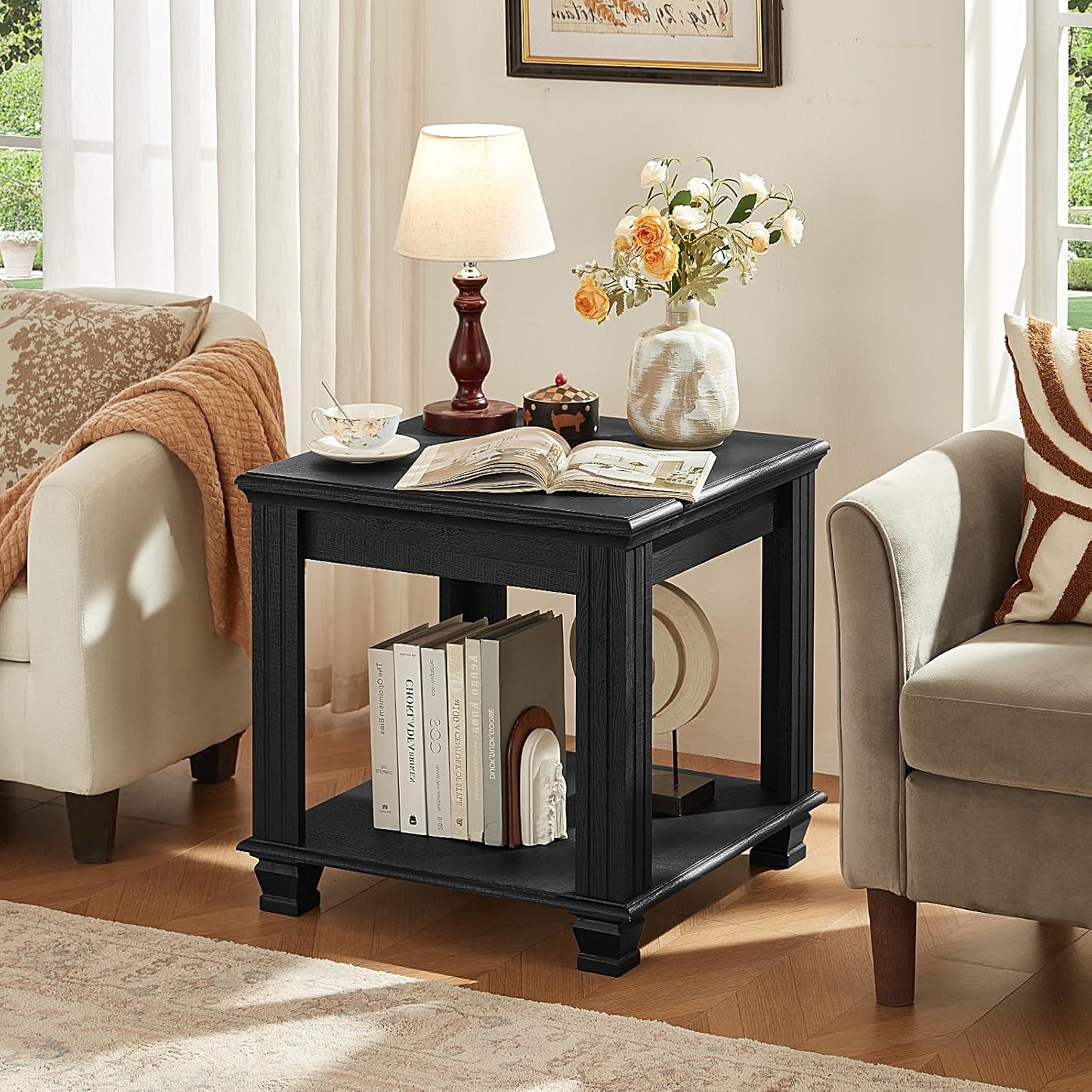Farmhouse End Table,Large Side Table with 2-Tier Storage Shelf,Rustic Wood End Tables for Living Room,Square Tea Table,Black