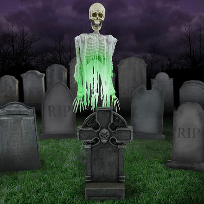 Haunted Hill Farm Motion Activated Floating Skeleton Ghost Over Tombstone by Tekky, Battery Operated Halloween Animatronic for Indoor or Covered Outdoor Creepy Halloween Decorations, Halloween Props