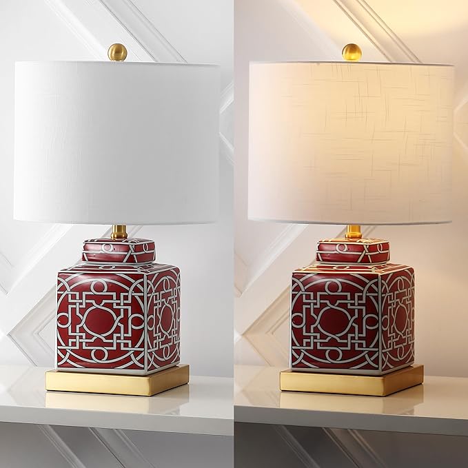 JONATHAN Y 22" Red/White Modern Ceramic Ginger Jar Table Lamp for Nightstand, Square Lattice Transitional Chinoiserie Lamp for Living Room, White Linen Shade, LED Bulb (JYL3044B)
