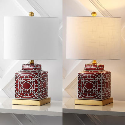 JONATHAN Y 22" Red/White Modern Ceramic Ginger Jar Table Lamp for Nightstand, Square Lattice Transitional Chinoiserie Lamp for Living Room, White Linen Shade, LED Bulb (JYL3044B)